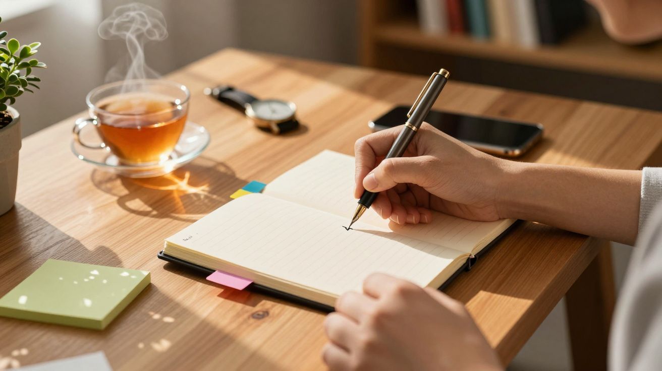 Pessoa escreve num caderno numa mesa de madeira com chá, smartphone, relógio e planta ao lado.