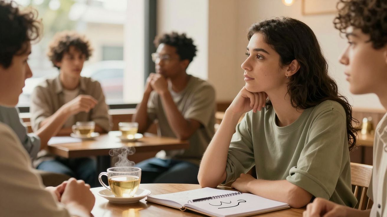 Grupo de jovens numa cafetaria, conversando e tomando chá. Mulher em destaque com caderno aberto em frente.