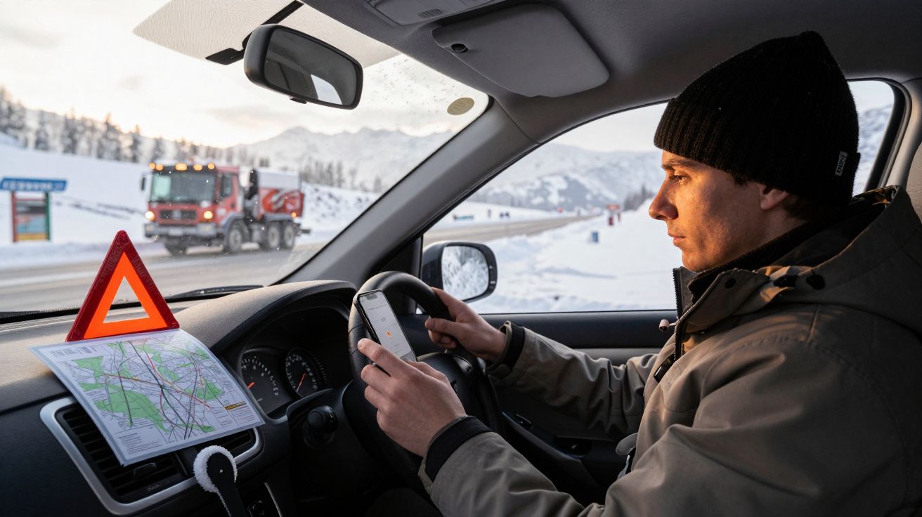 Homem dentro do carro, estacionado na neve, verificando o telemóvel com um mapa e sinal de aviso no painel.