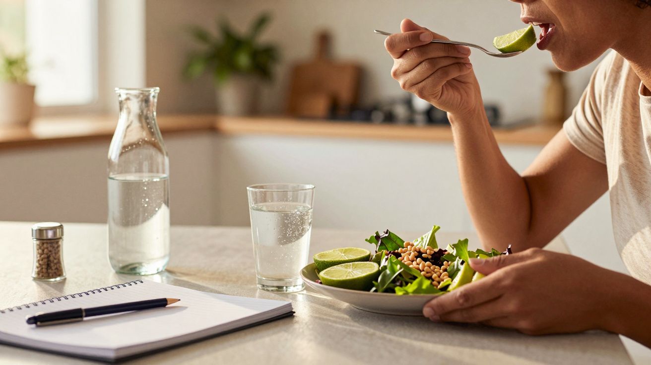 Pessoa a comer salada com lima em cozinha, perto de copo de água e bloco de notas.