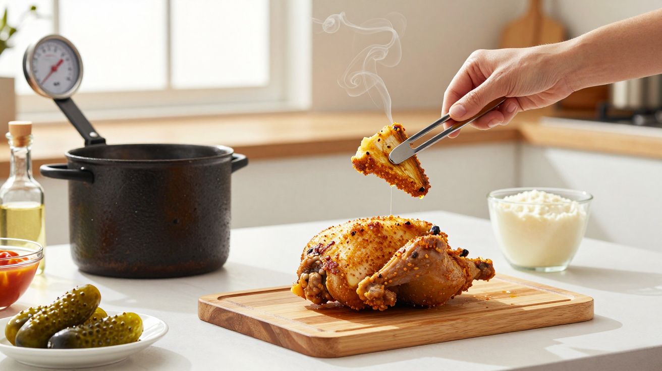 Mão segurando pinças com pedaço de frango assado, panela ao fundo, num ambiente de cozinha.