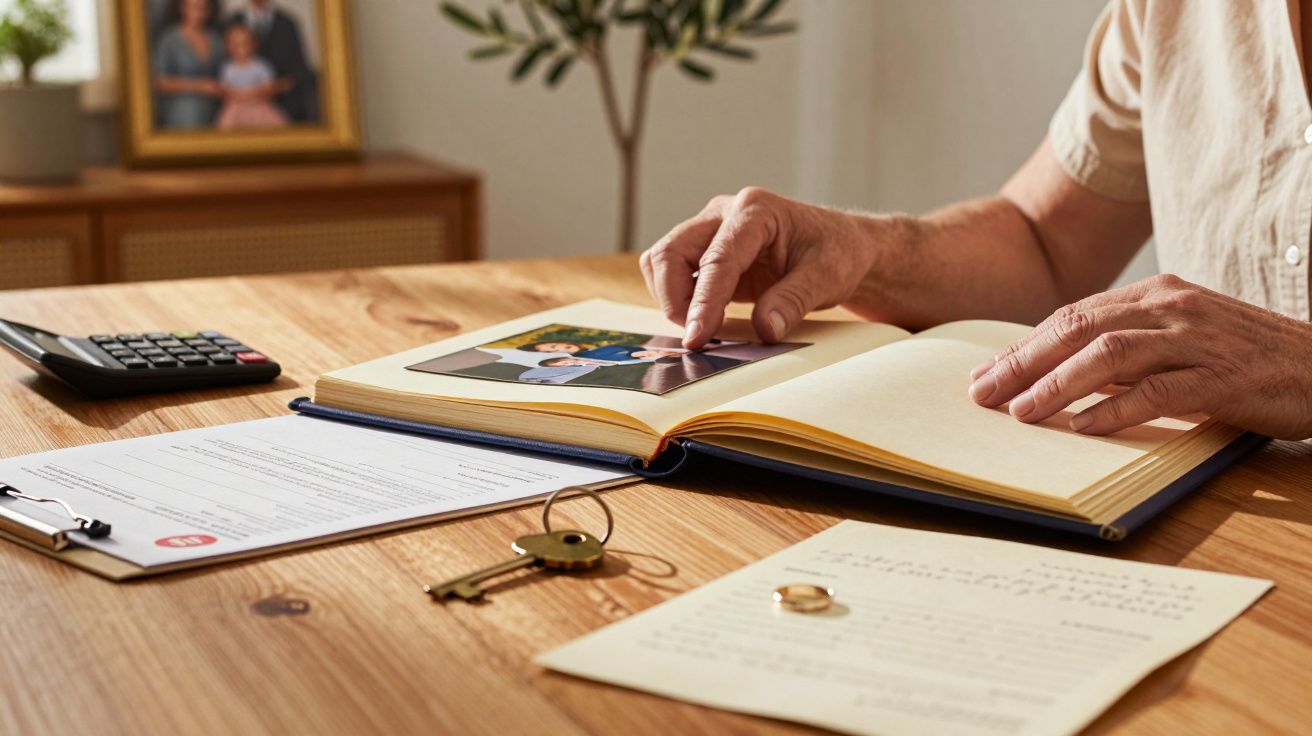 Pessoa folheia álbum de fotografias na mesa com papéis, chaves e calculadora ao lado.