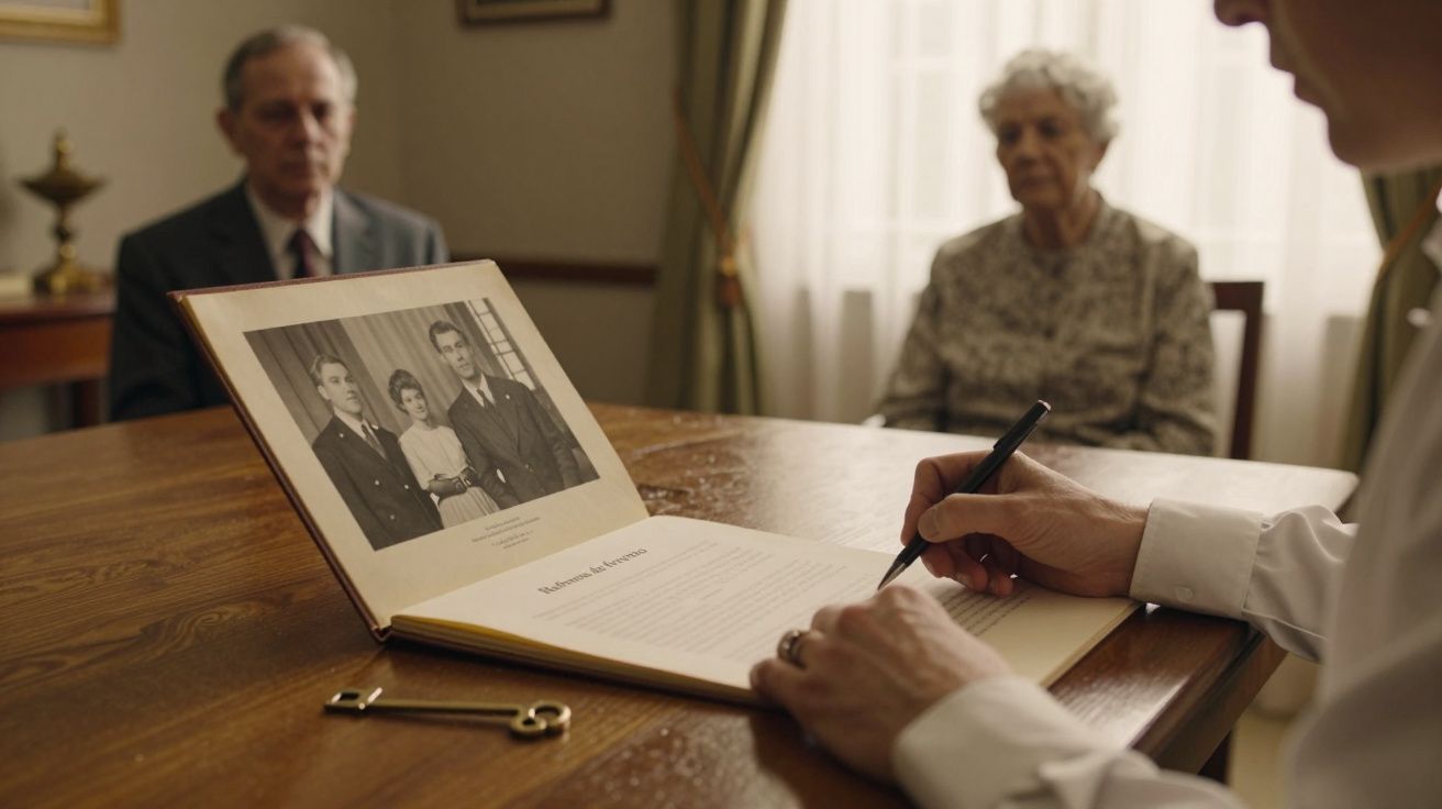 Duas pessoas idosas sentadas, uma figura escreve num livro sobre a mesa com uma foto antiga. Chave dourada ao lado.