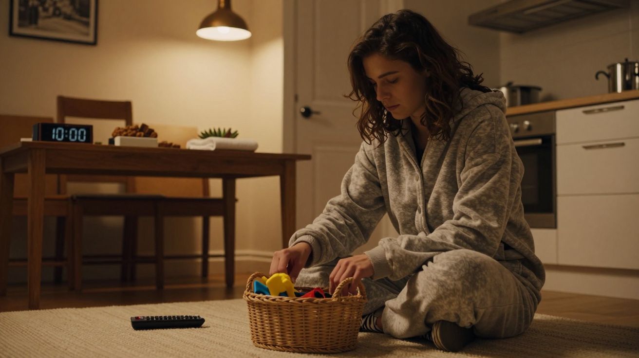 Mulher sentada no chão da sala, de pijama cinza, organiza peças coloridas numa cesta. Ao fundo, relógio marca 10:00.