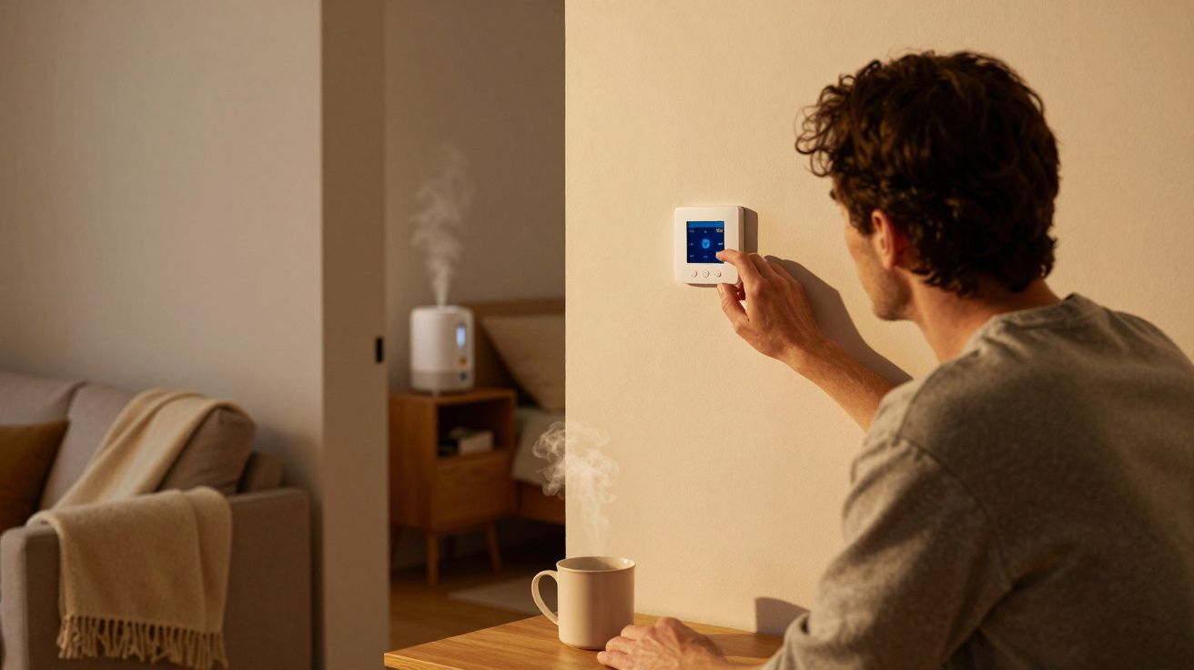 Homem ajusta termóstato na parede, com um humidificador ao fundo e uma caneca sobre a mesa ao lado.