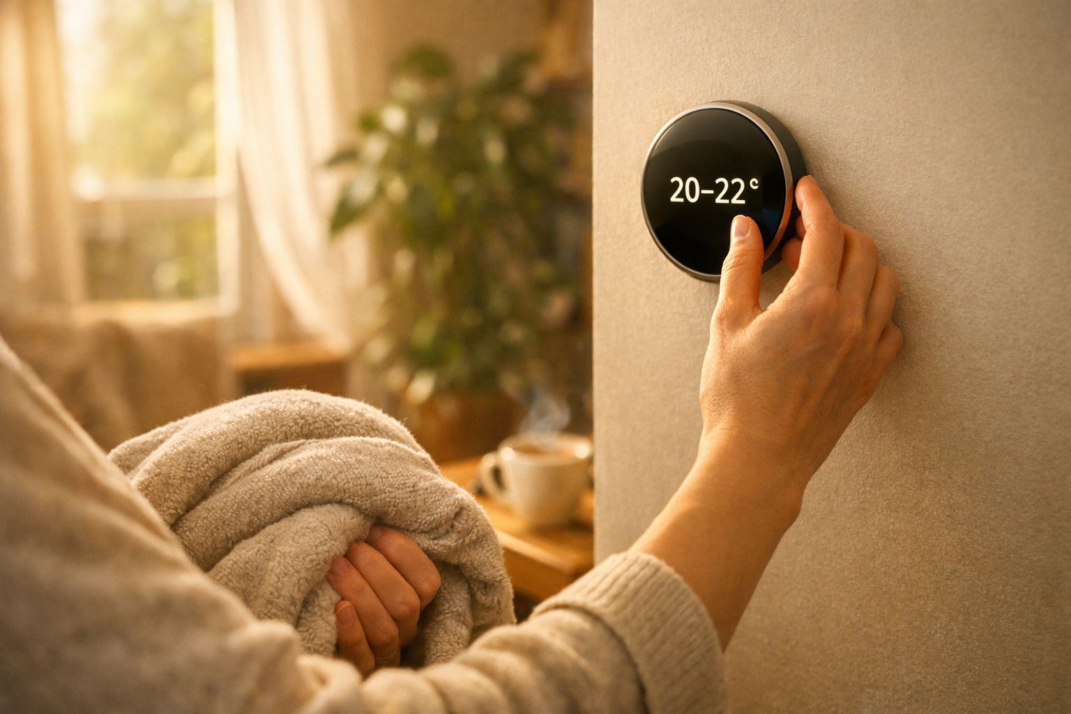 Pessoa ajusta termostato digital numa sala com temperatura de 21,5°C, enquanto outra pessoa relaxa no sofá, segura chá.