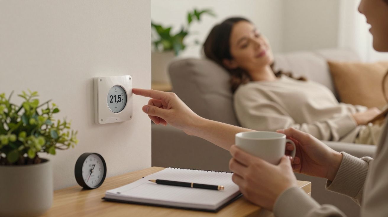 Pessoa ajusta termóstato para 21,5°C; outra relaxa no sofá com chá e bloco de notas na mesa.