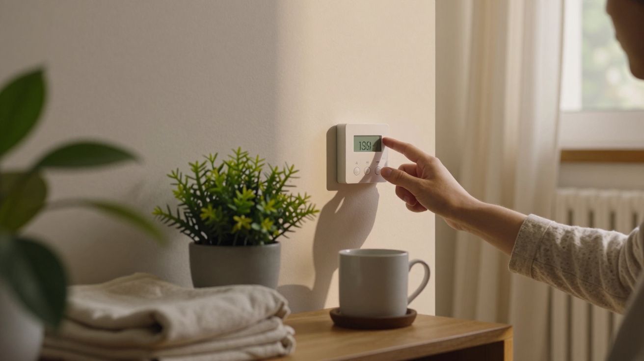 Pessoa ajusta termóstato digital na parede, ao lado de planta, toalhas e chávena numa prateleira iluminada.