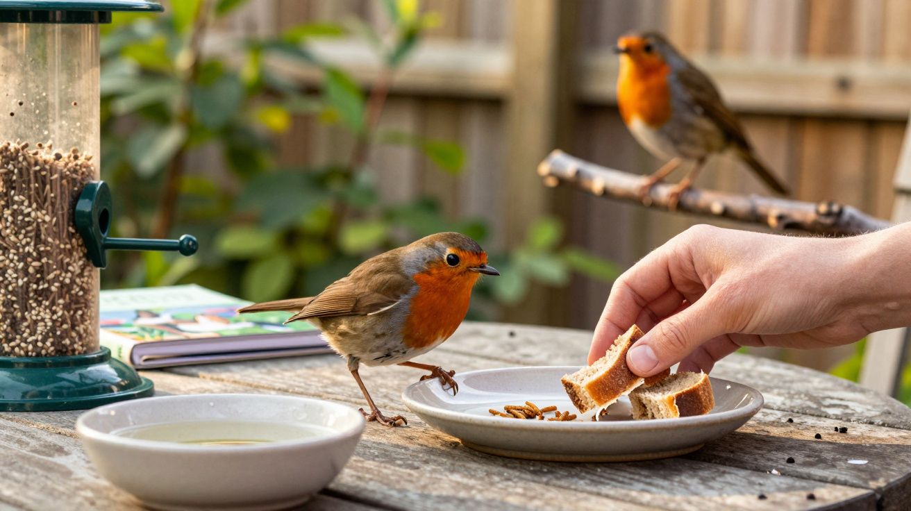 Dois pássaros com peito laranja num jardim. Um come pão de um prato, o outro está num ramo próximo. Mão oferece comida.