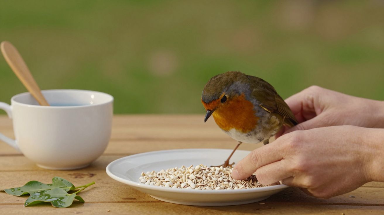 Pintarroxo a comer sementes num prato branco, com uma chávena de chá ao lado, sobre uma mesa de madeira.