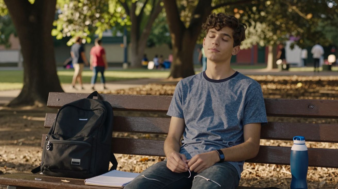 Jovem relaxa num banco de parque, com mochila, caderno e garrafa de água ao lado, cercado por árvores.