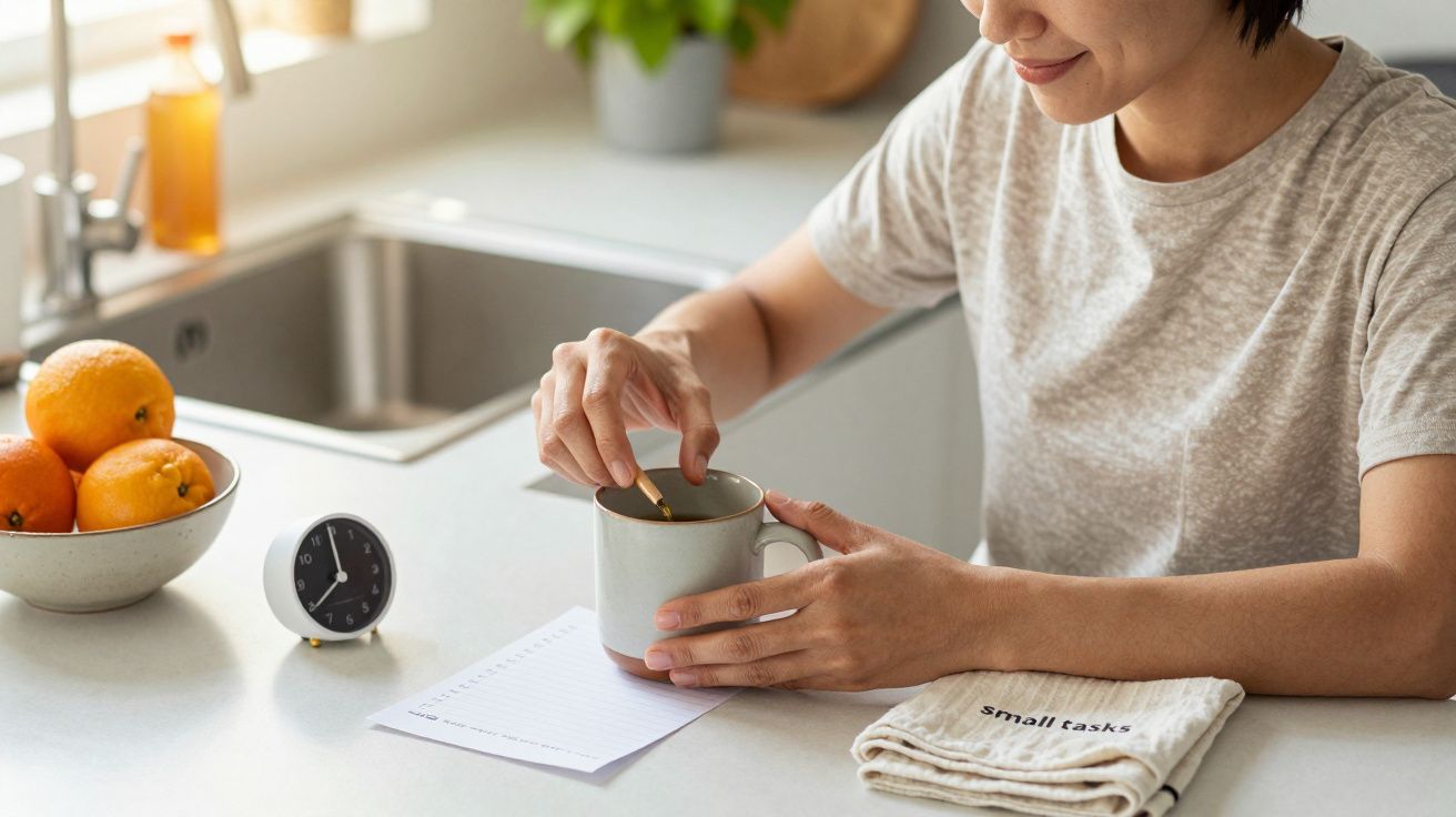 Mulher mexe bebida numa chávena numa cozinha clara, com frutas, relógio e lista de tarefas sobre a mesa.
