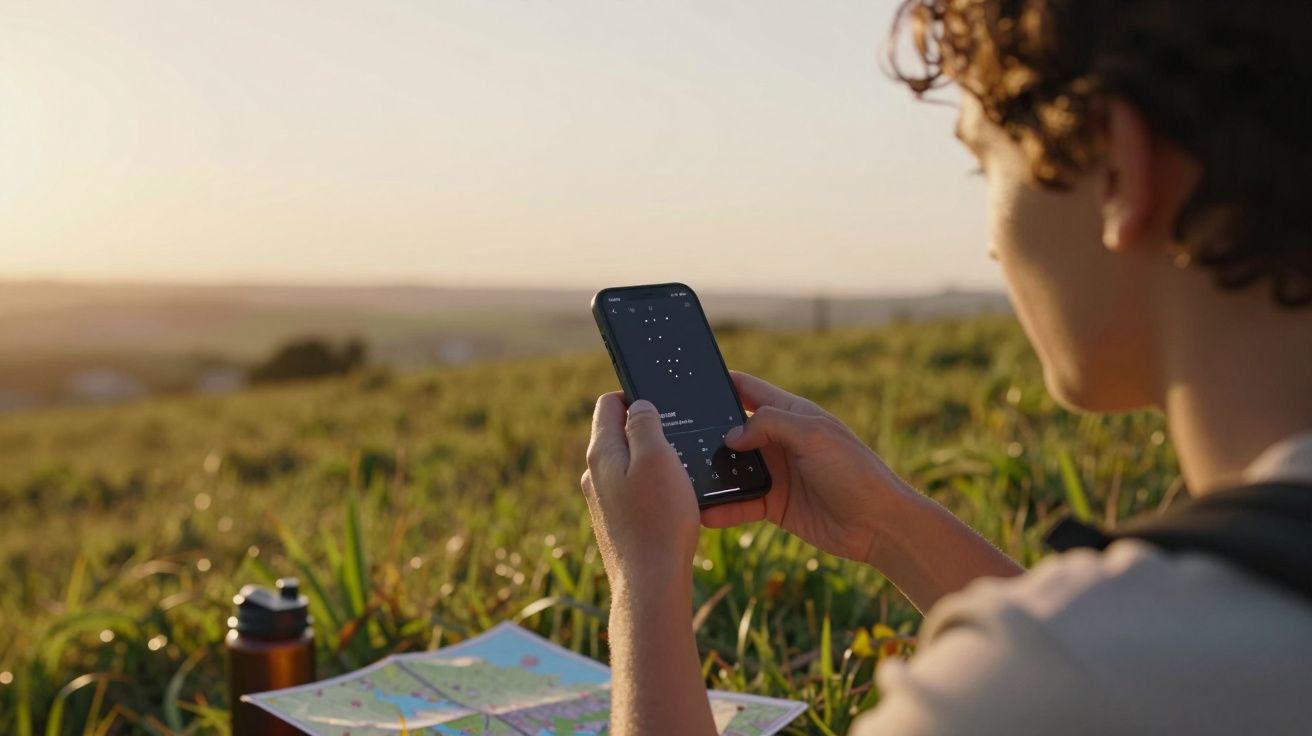 Pessoa num campo verde ao pôr do sol com um smartphone e um mapa de papel.