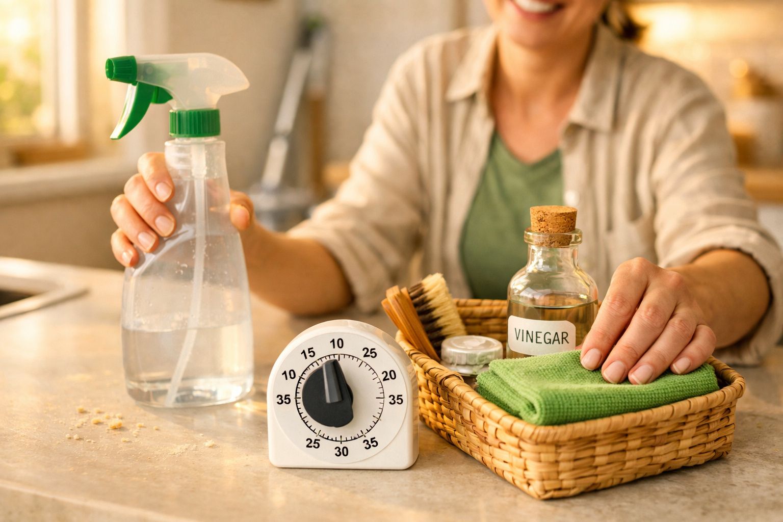 Pessoa a preparar solução de limpeza com spray e recipiente numa cozinha, plantas e produtos ao fundo.
