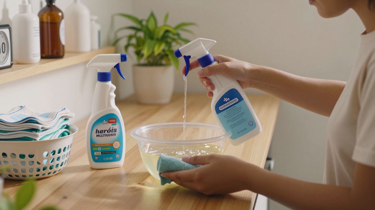 Pessoa usando spray de limpeza em bacia com água, esponja na mão, produtos e panos em fundo de madeira.