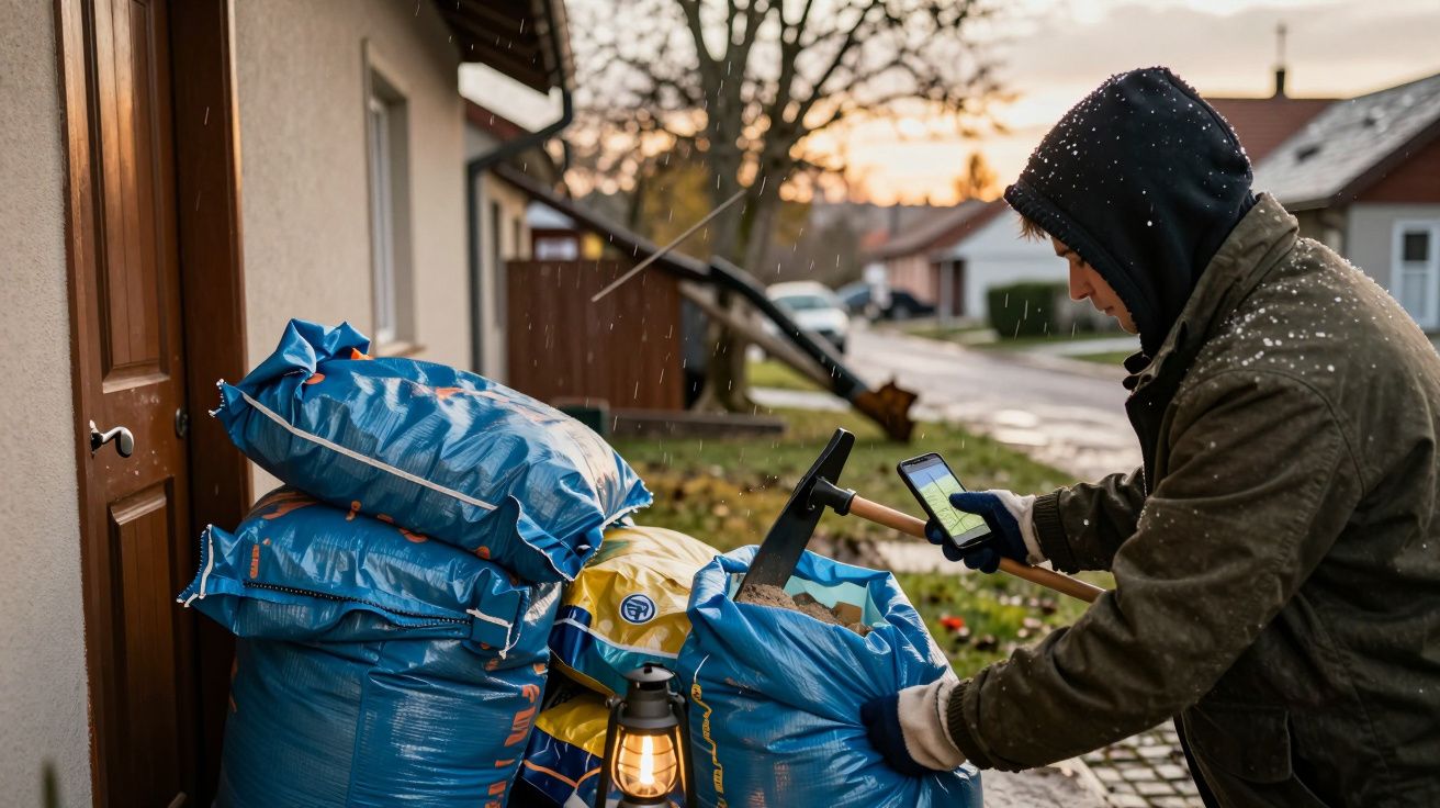 Homem de capuz inspeciona sacos azuis de pellets ao lado de lanterna, enquanto neva, num bairro residencial.