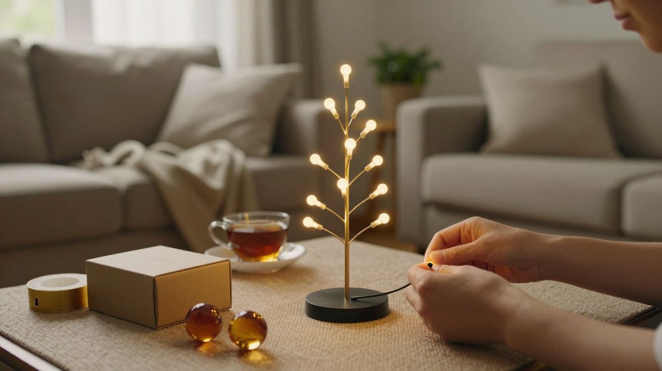 Pessoa montando uma pequena luminária em forma de árvore numa sala aconchegante, com chá e caixas sobre a mesa.