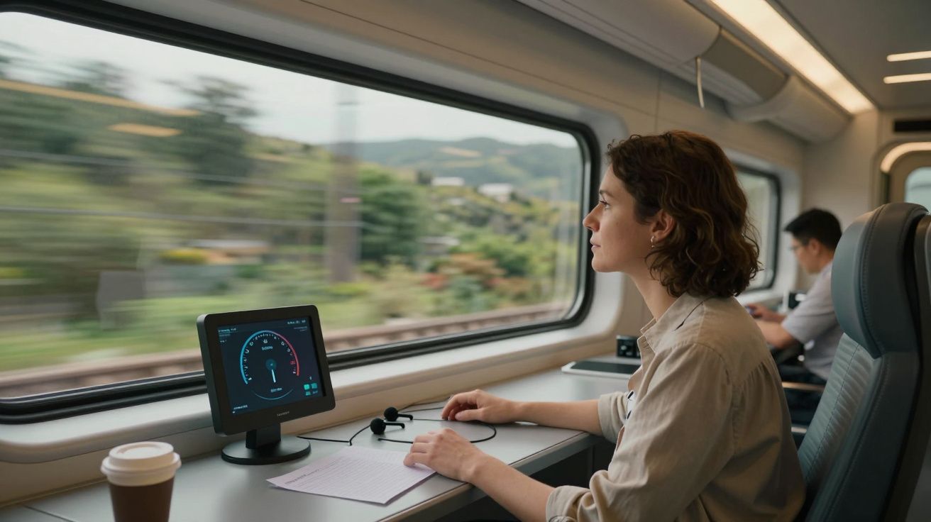 Mulher sentada num comboio, a olhar pela janela, com um tablet e um café à frente.