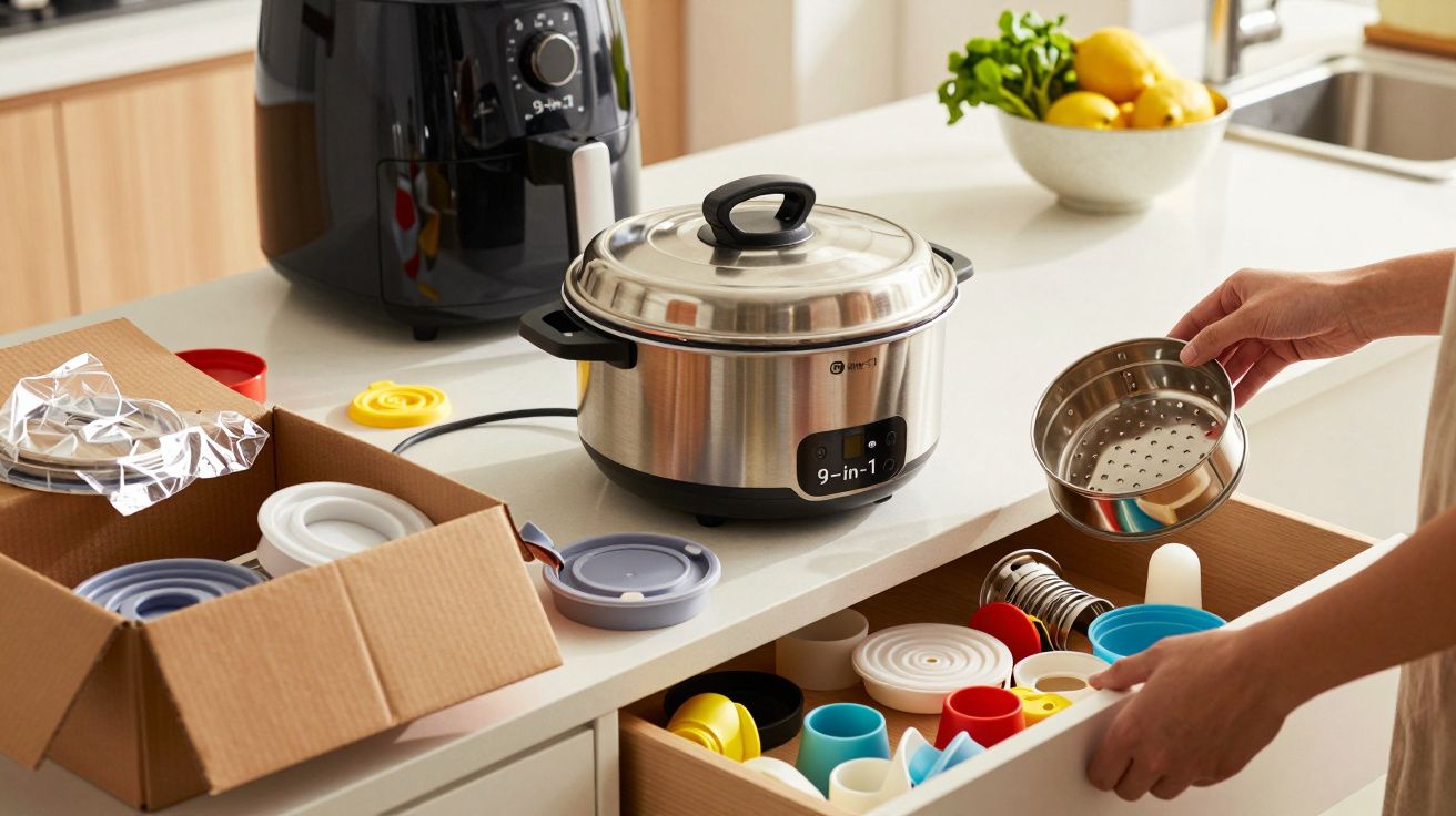 Cozinha com utensílios: panela elétrica em bancada, fritadeira e gaveta aberta com tampas e acessórios coloridos.