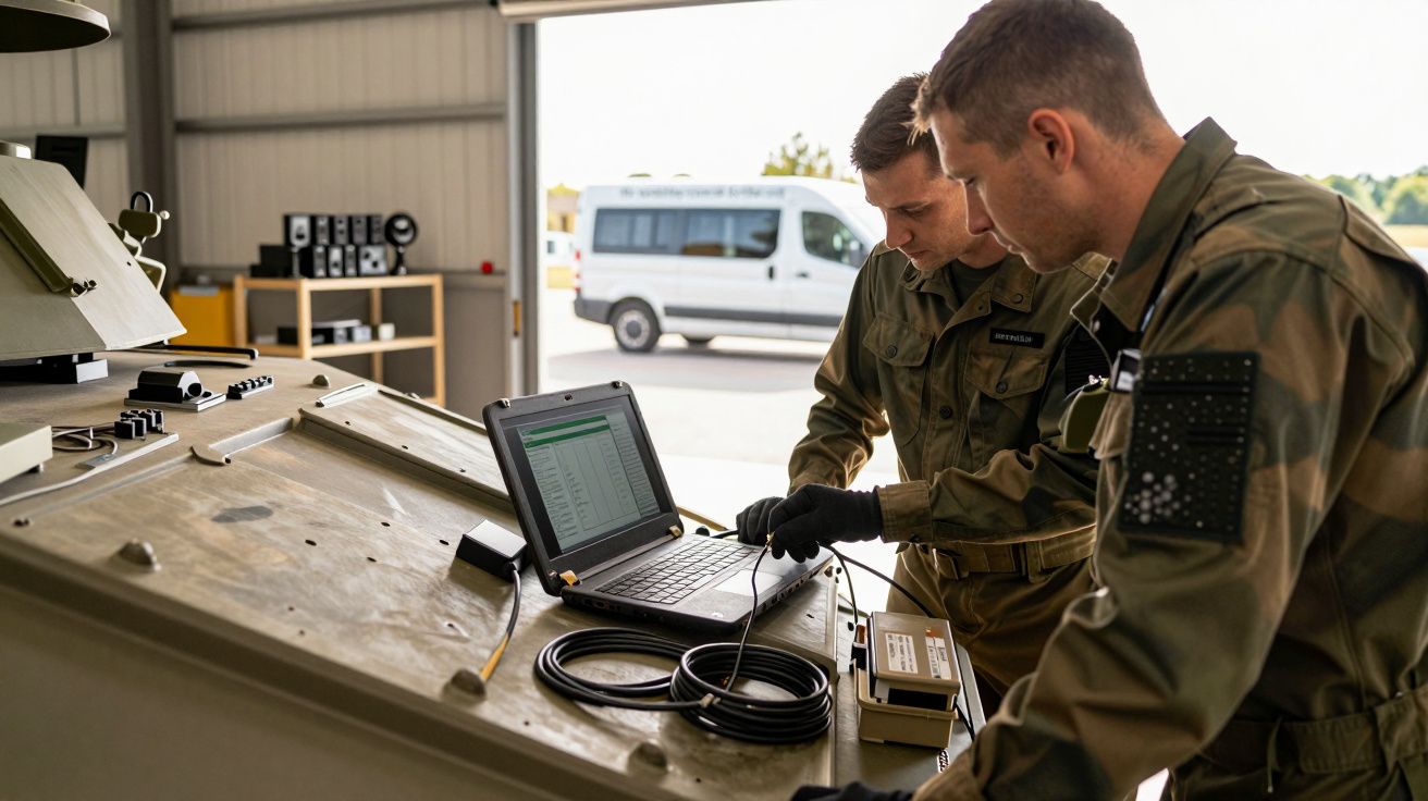 Dois homens em uniforme militar trabalham num portátil numa mesa ao ar livre, com uma carrinha branca ao fundo.