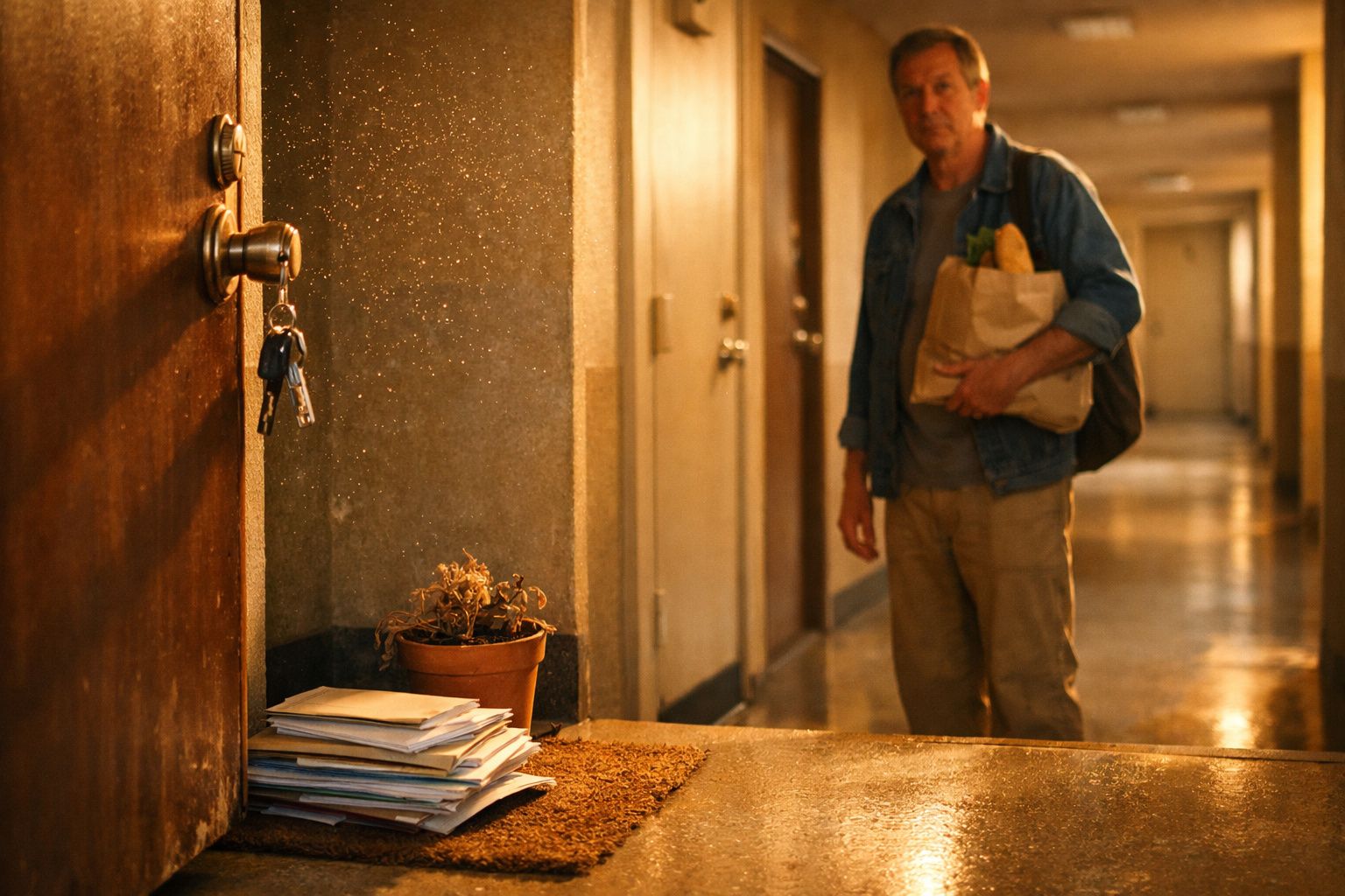 Pessoa num corredor de prédio, segurando um bloco de notas. Caixa de correio azul à esquerda, cheia de cartas.