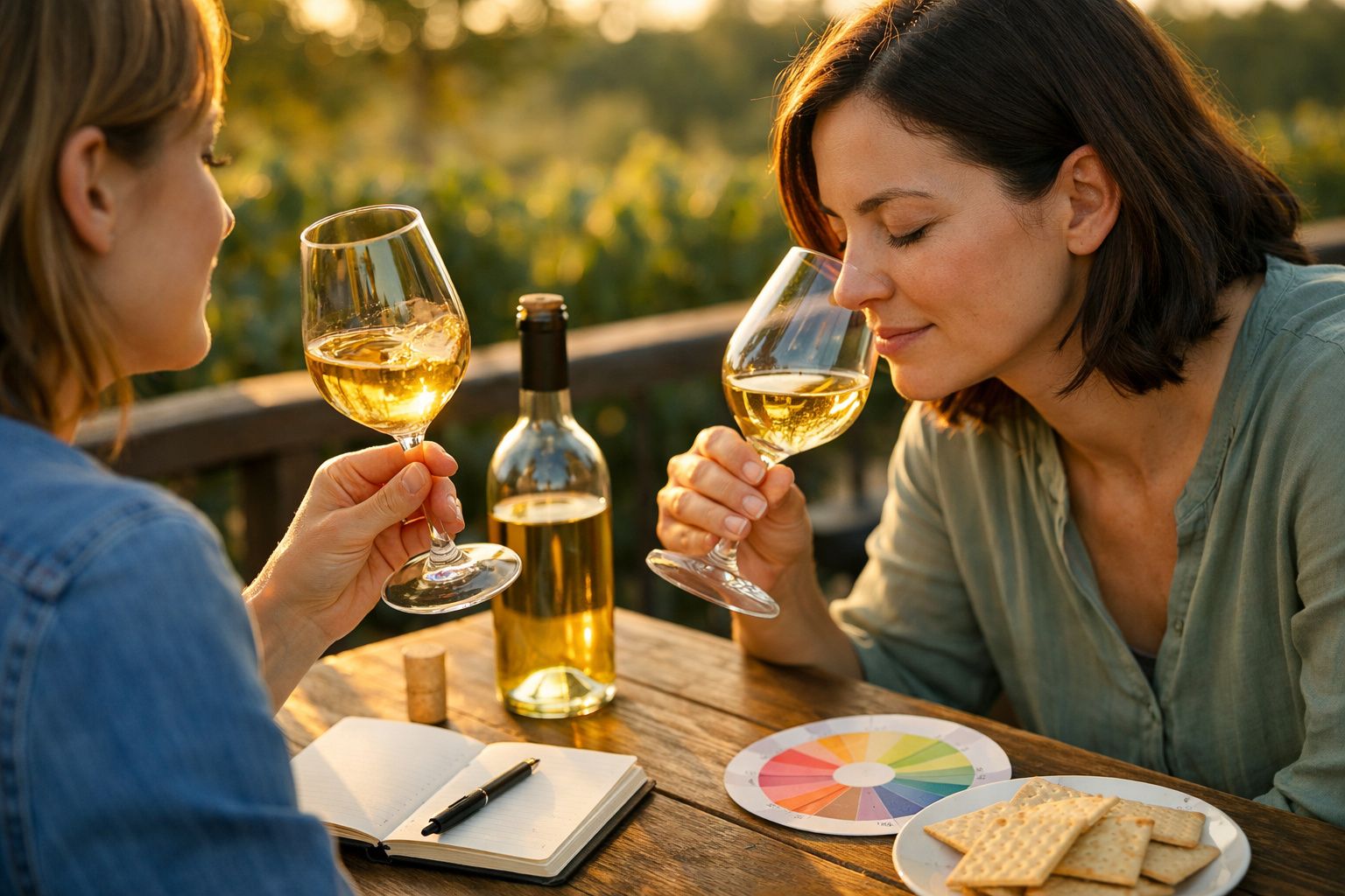 Pessoas a saborear vinho e a tomar notas numa reunião à mesa com frutas e blocos de notas.