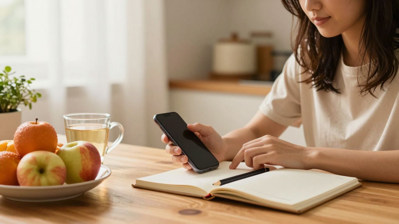 Mulher usa smartphone enquanto escreve num caderno, numa mesa com frutas e copo d'água.