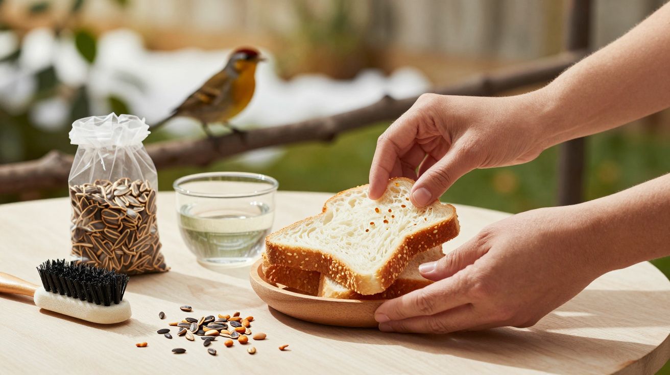 Mãos colocando fatias de pão num prato de madeira, com sementes, um pássaro e um copo de água sobre uma mesa.