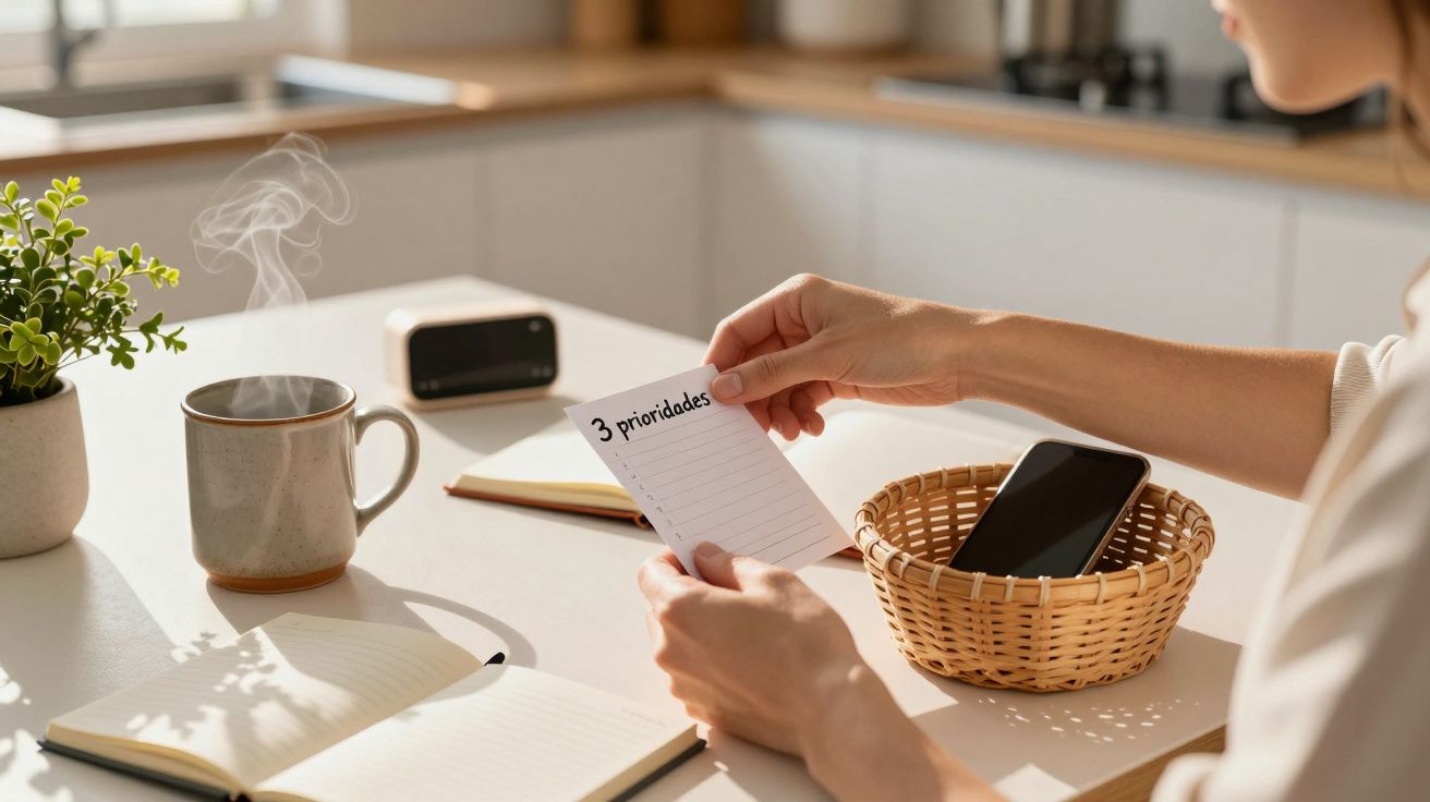 Mulher segura lista de prioridades na cozinha ao lado de chávena fumegante, caderno aberto e cesto com telemóvel.