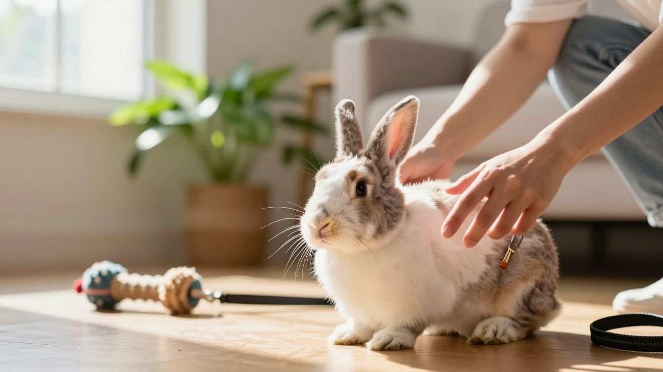 Coelho cinza e branco no chão de madeira, com brinquedo ao lado e pessoa acariciando, planta desfocada ao fundo.