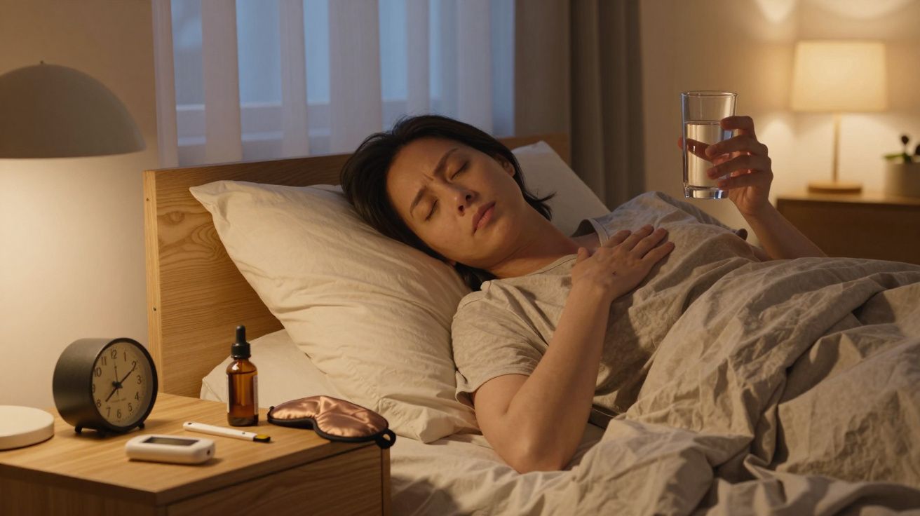 Pessoa deitada na cama com expressão de desconforto, segurando um copo de água ao lado de um despertador e remédios.