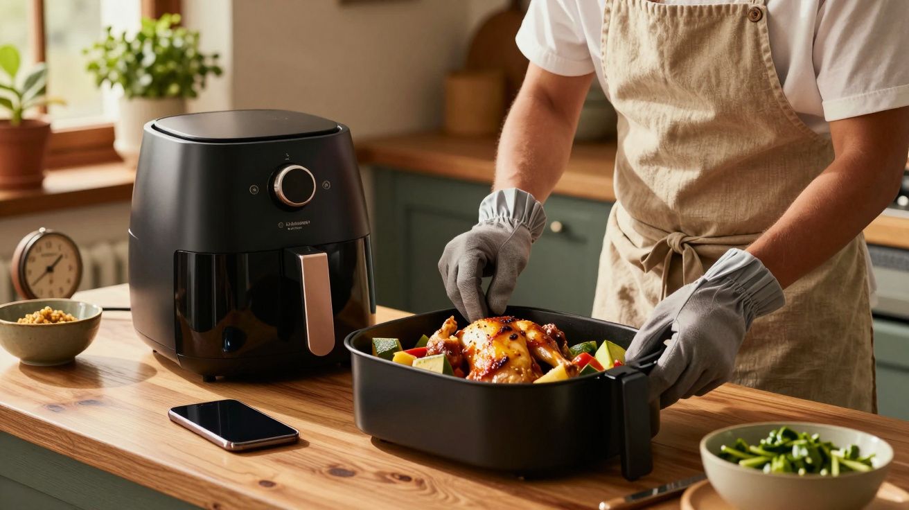 Pessoa prepara frango assado com legumes numa fritadeira sem óleo; mesa com tigela de legumes ao lado.