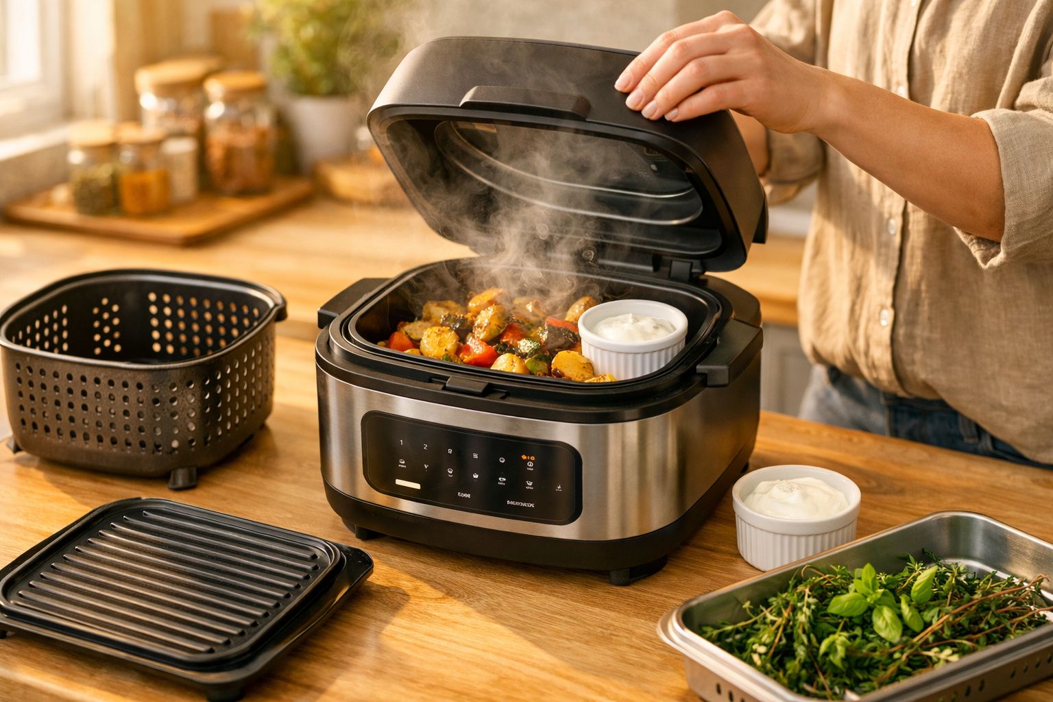 Multicooker em uso com um frango assado, rodeado de pratos e ingredientes numa cozinha iluminada.