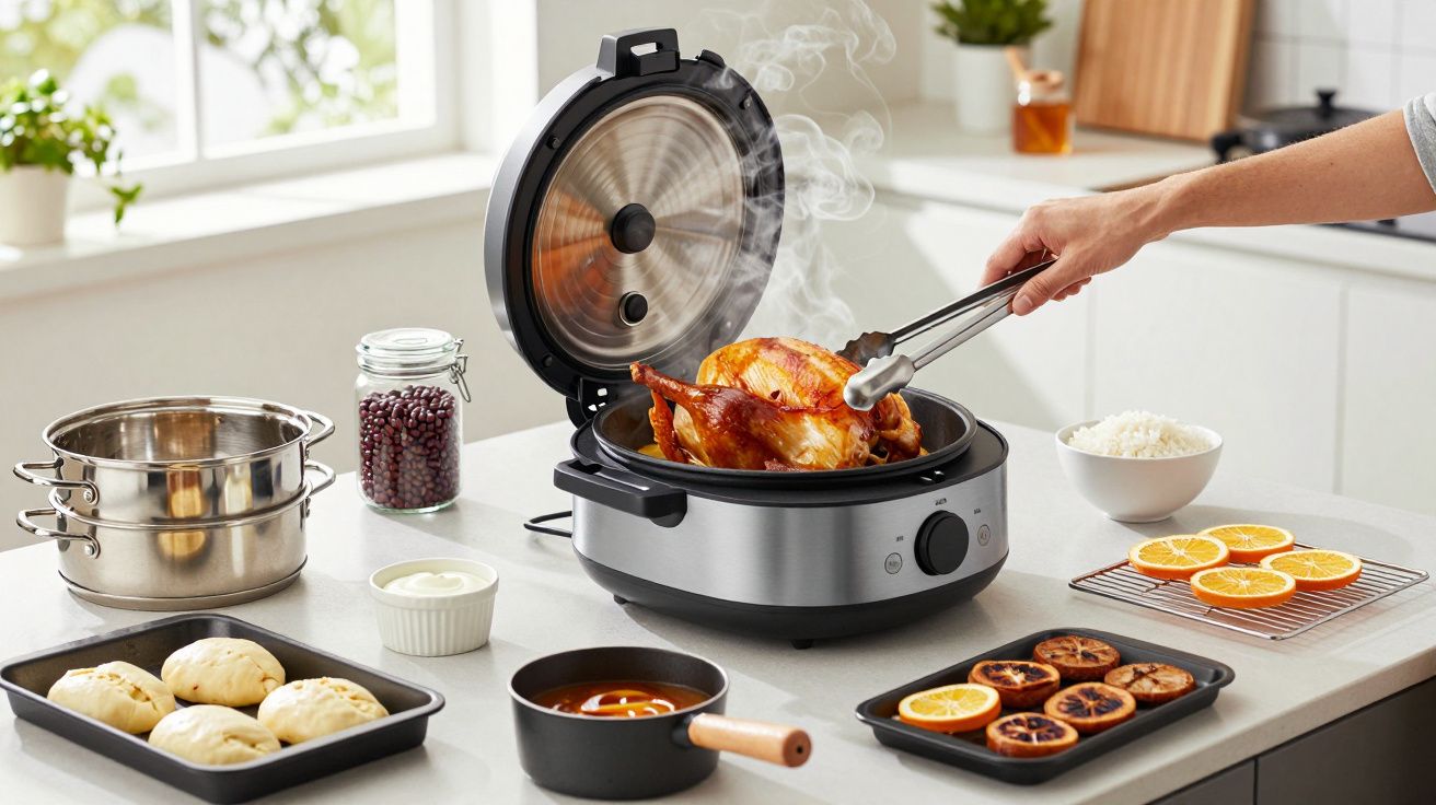 Cozinha com panela elétrica, frango assado e vários pratos, incluindo pão, arroz e citrinos fatiados.