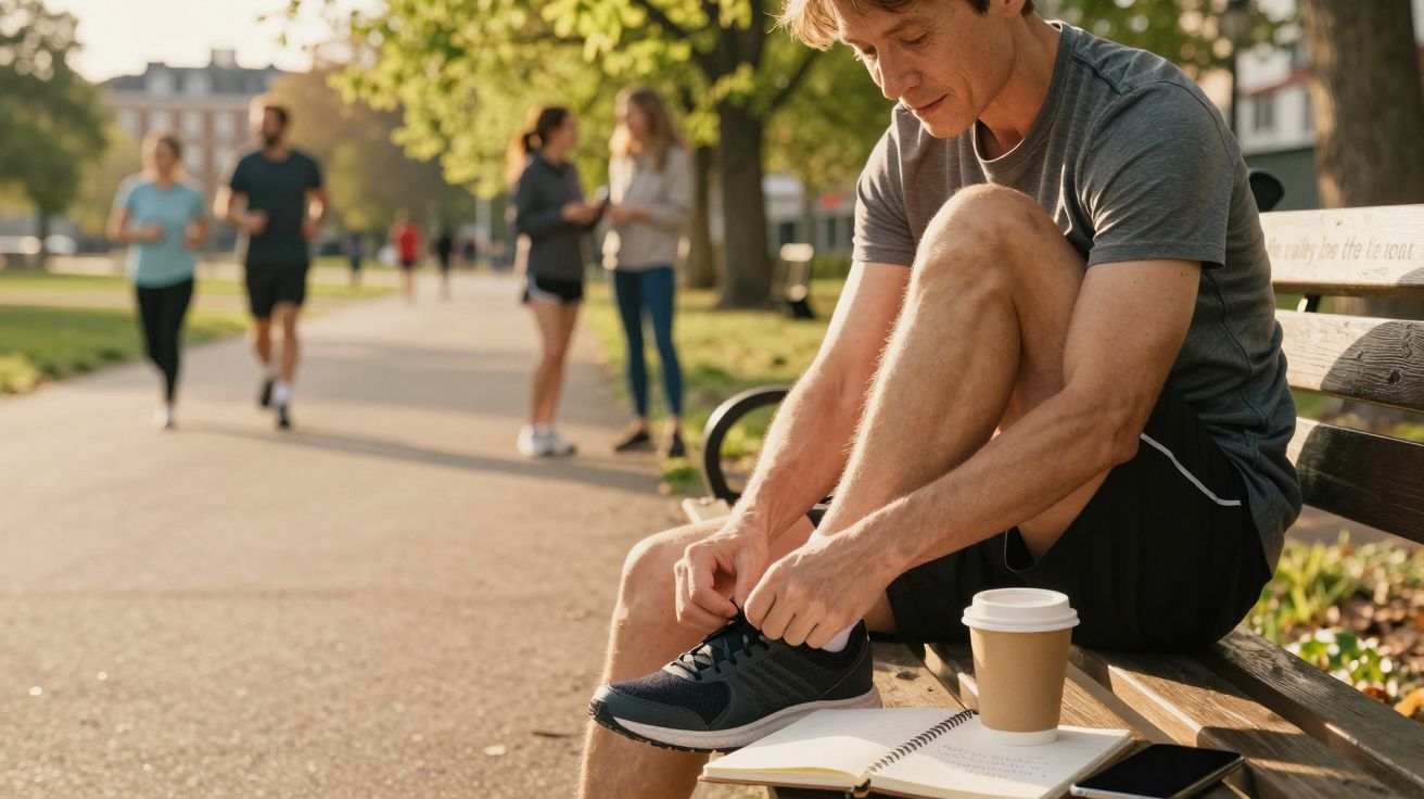 Homem senta-se num banco de parque amarrando os sapatos, com um café, caderno e telemóvel ao lado.