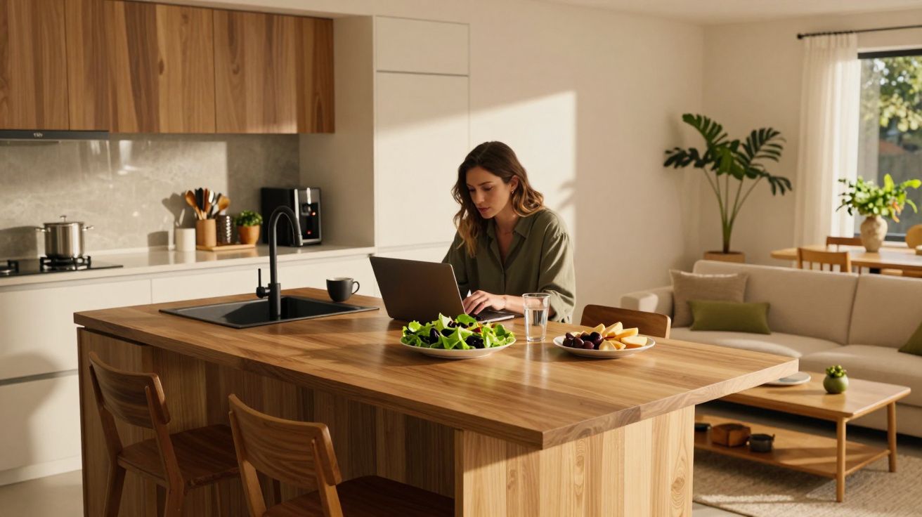 Mulher a trabalhar num laptop numa cozinha moderna, com fruta e salada sobre a bancada de madeira.