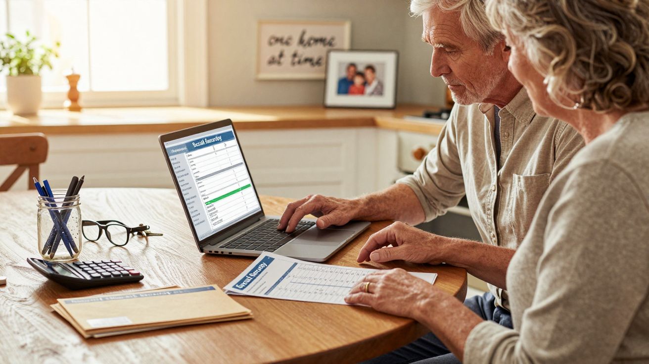 Casal sénior a usar computador portátil numa mesa, analisando documentos financeiros.