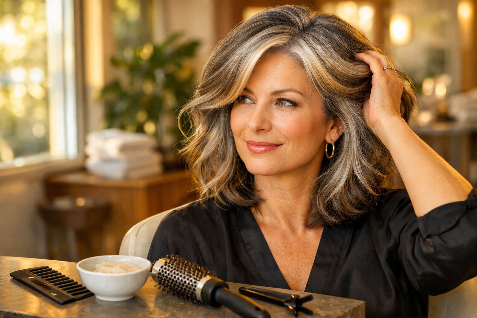 Mulher madura com cabelo grisalho a ser penteado num cabeleireiro, com plantas e espelho ao fundo.