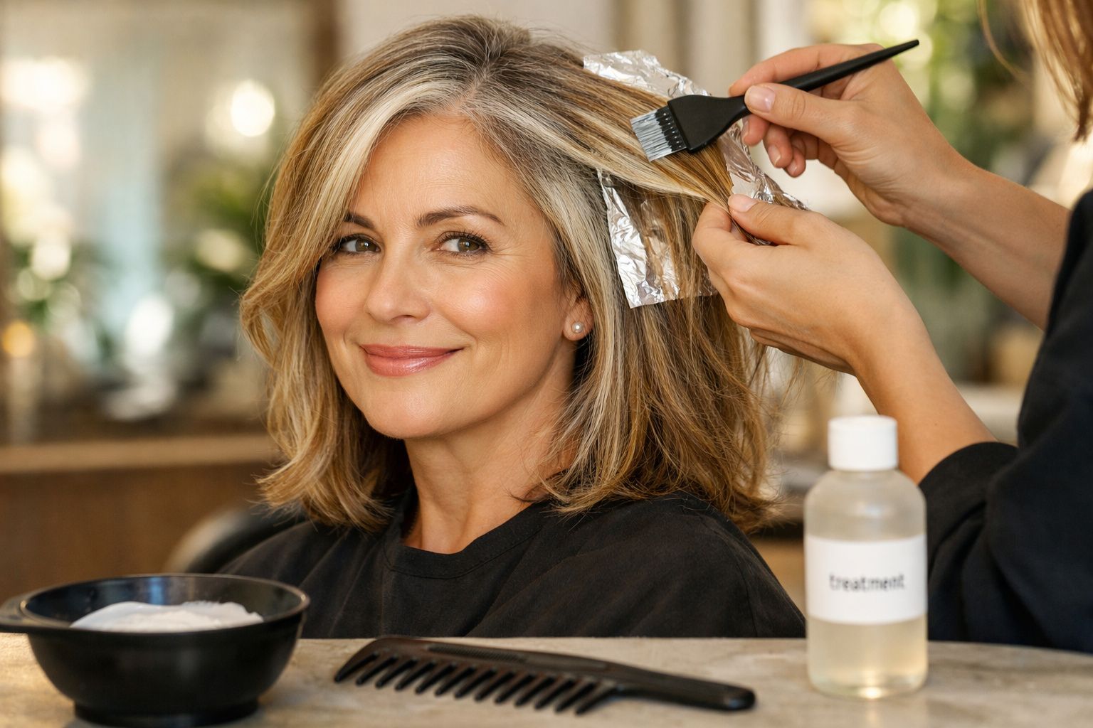 Mulher de cabelo grisalho sentada em salão, enquanto recebe tratamento capilar com pincel.