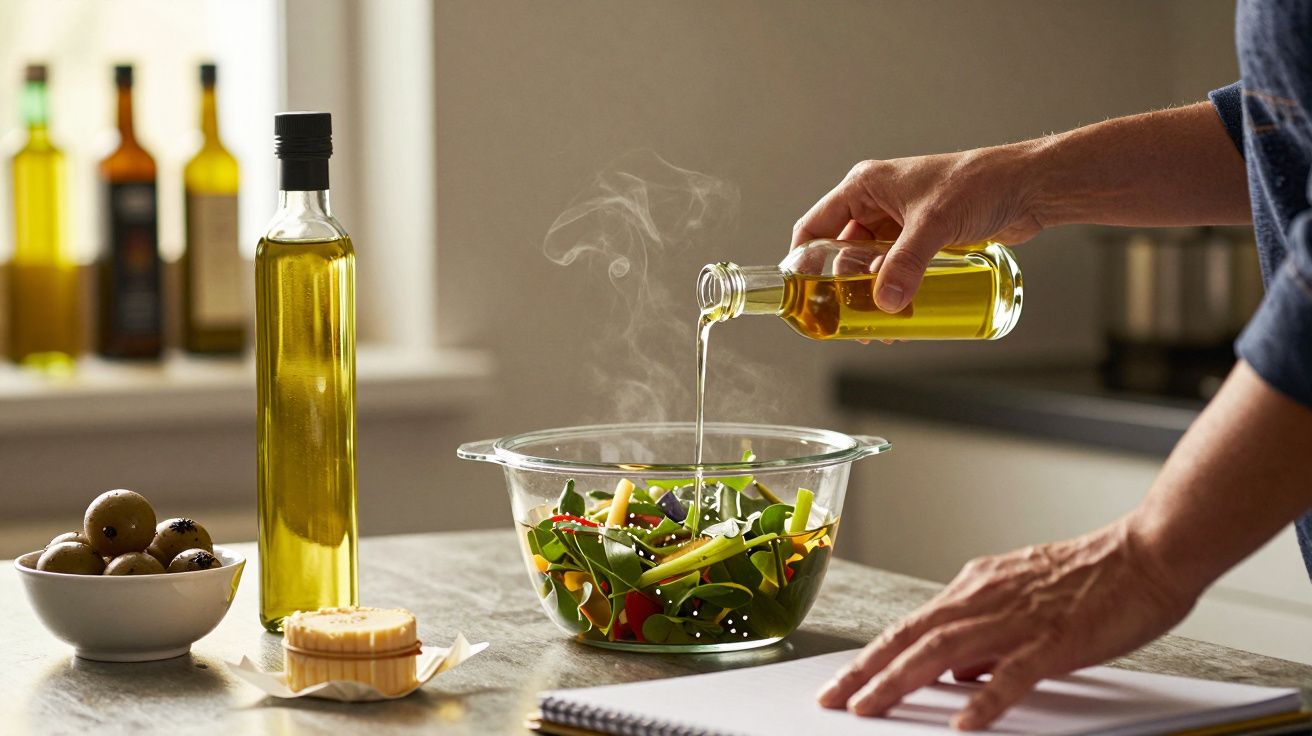 Pessoa a temperar salada de legumes com azeite numa cozinha iluminada.