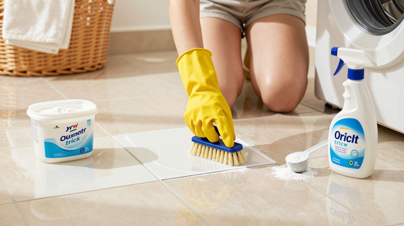 Pessoa de luvas amarelas a esfregar o chão com produtos de limpeza ao lado de uma máquina de lavar roupa.