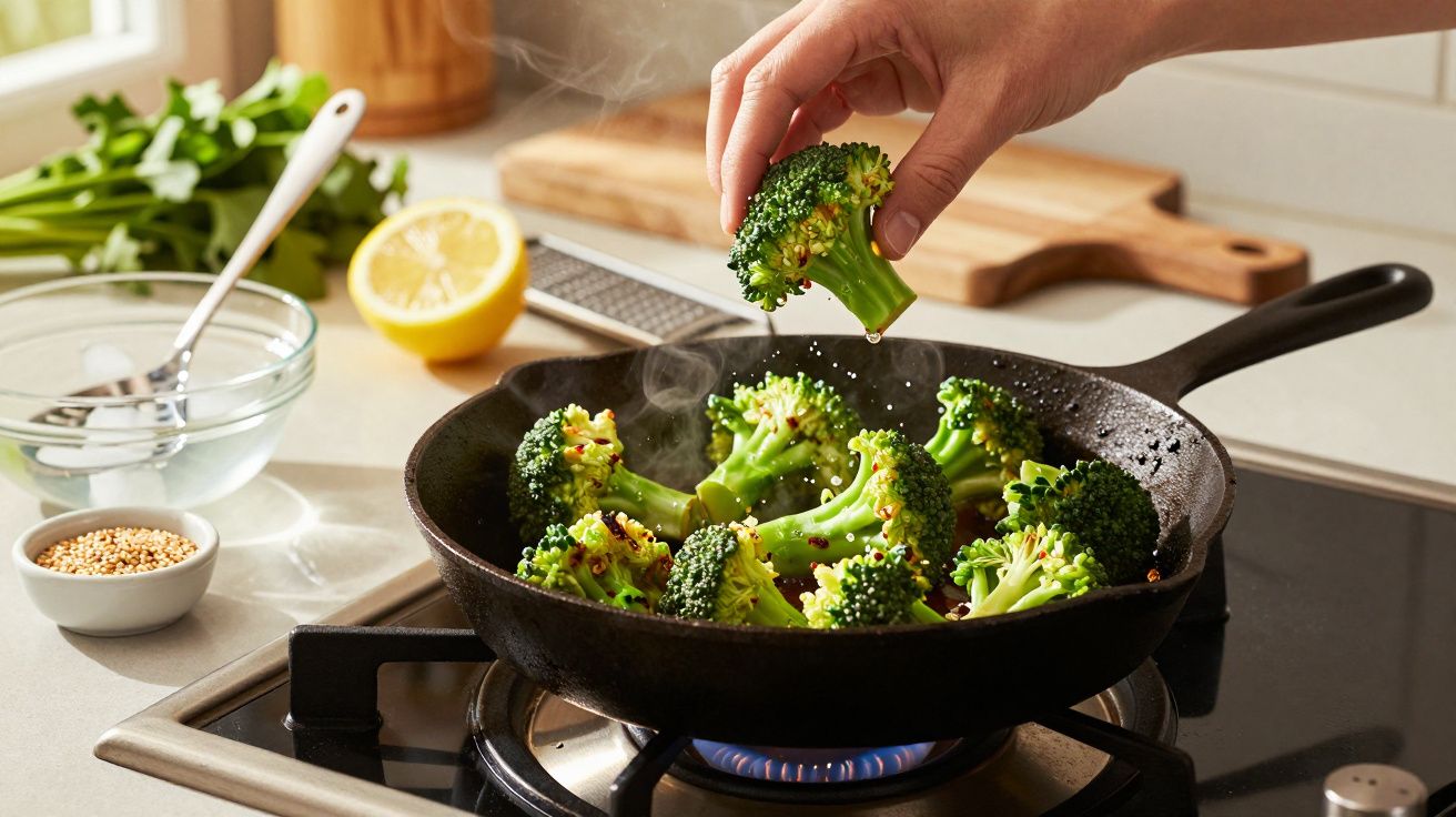 Hande coloca brócolos numa frigideira em lume brando, com tábua de corte, limão e especiarias ao fundo.