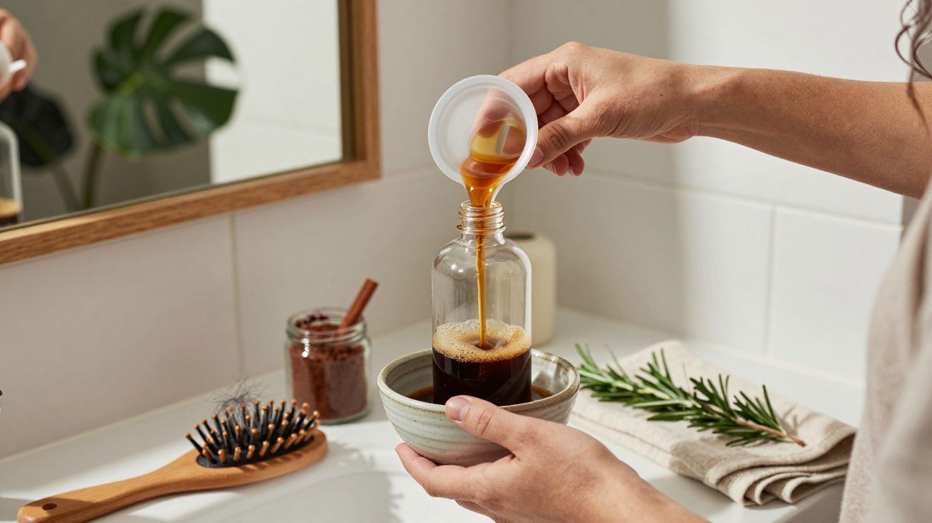 Mãos vertem líquido castanho num frasco sobre lavatório, ao lado de escova, toalha e folha de planta.