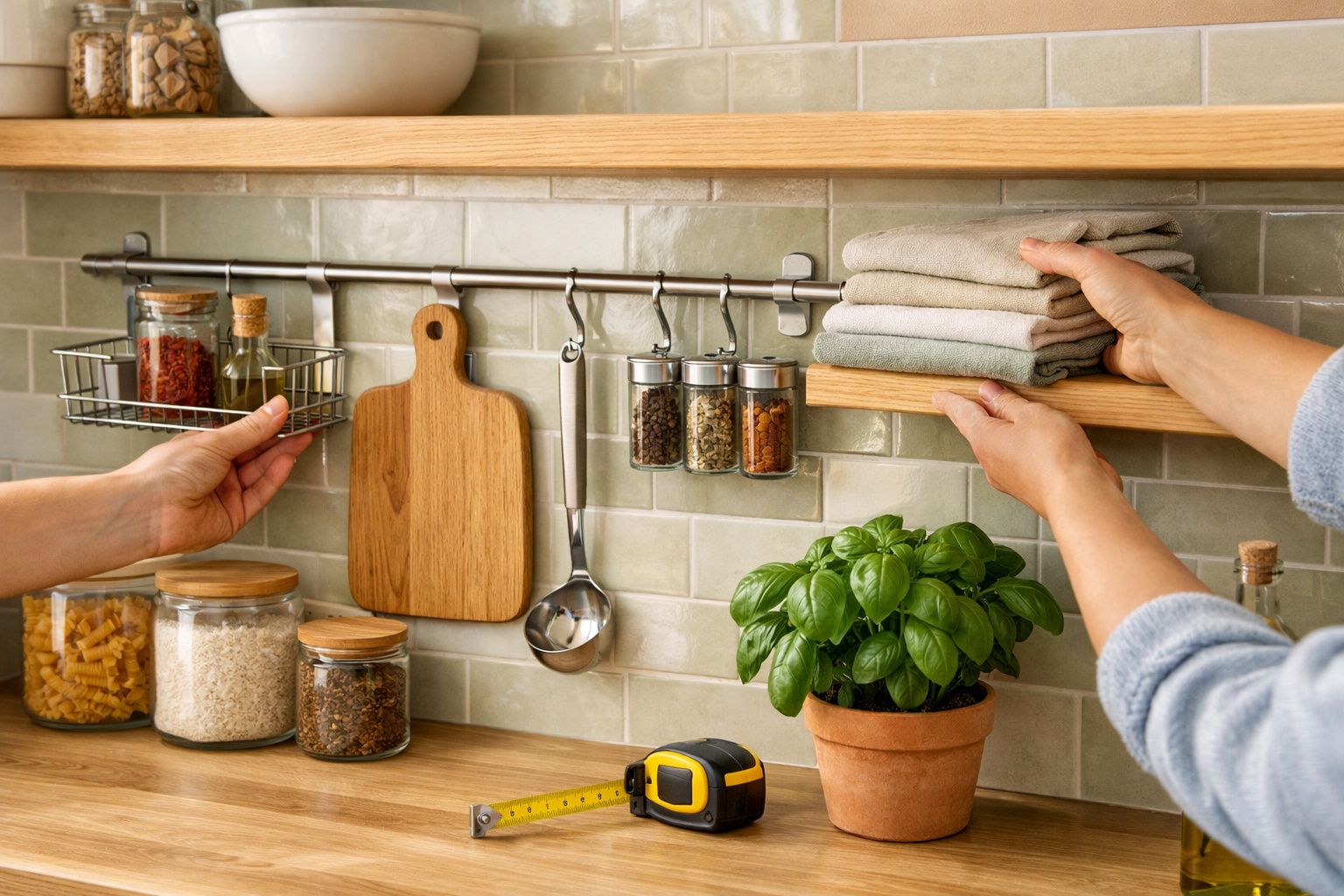 Mulher organiza gaveta de madeira numa cozinha iluminada, com prateleiras e plantas ao fundo.