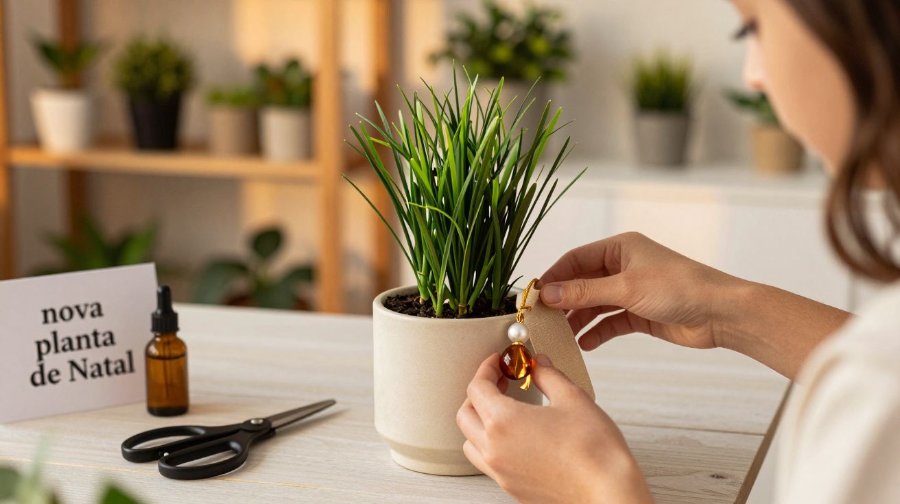 Mulher decora planta em vaso com ornamento de Natal. Tesoura e frasco ao lado. Nota diz "nova planta de Natal".
