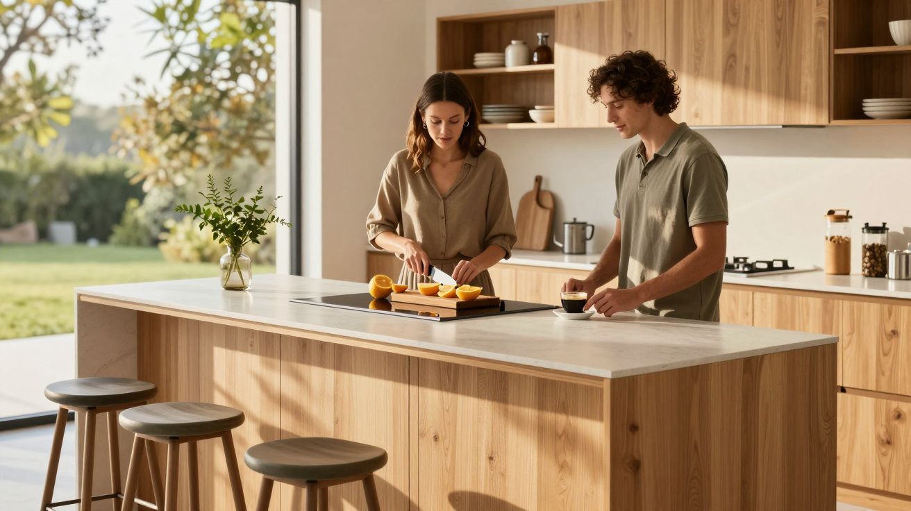 Casal a preparar sumo de laranja numa cozinha moderna com bancada de madeira.