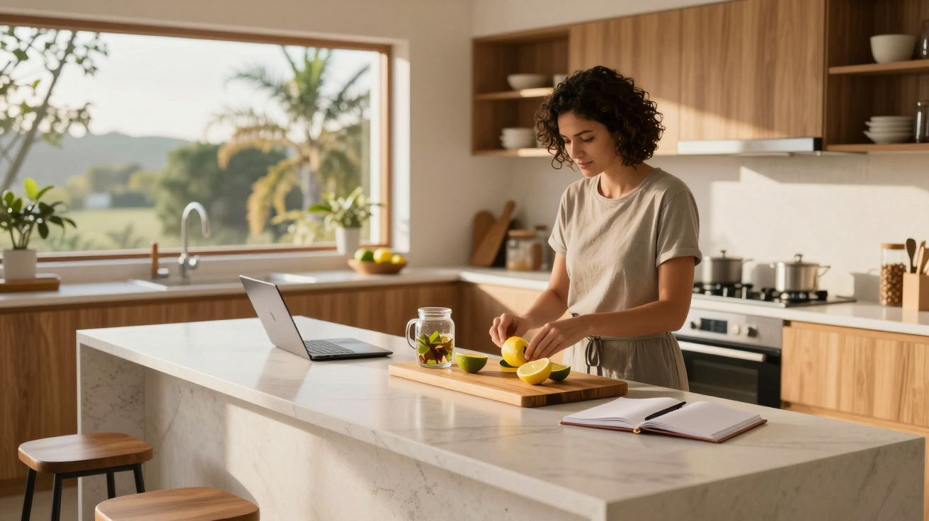 Mulher prepara limões numa cozinha moderna, ao lado de um computador portátil e um caderno sobre a bancada.
