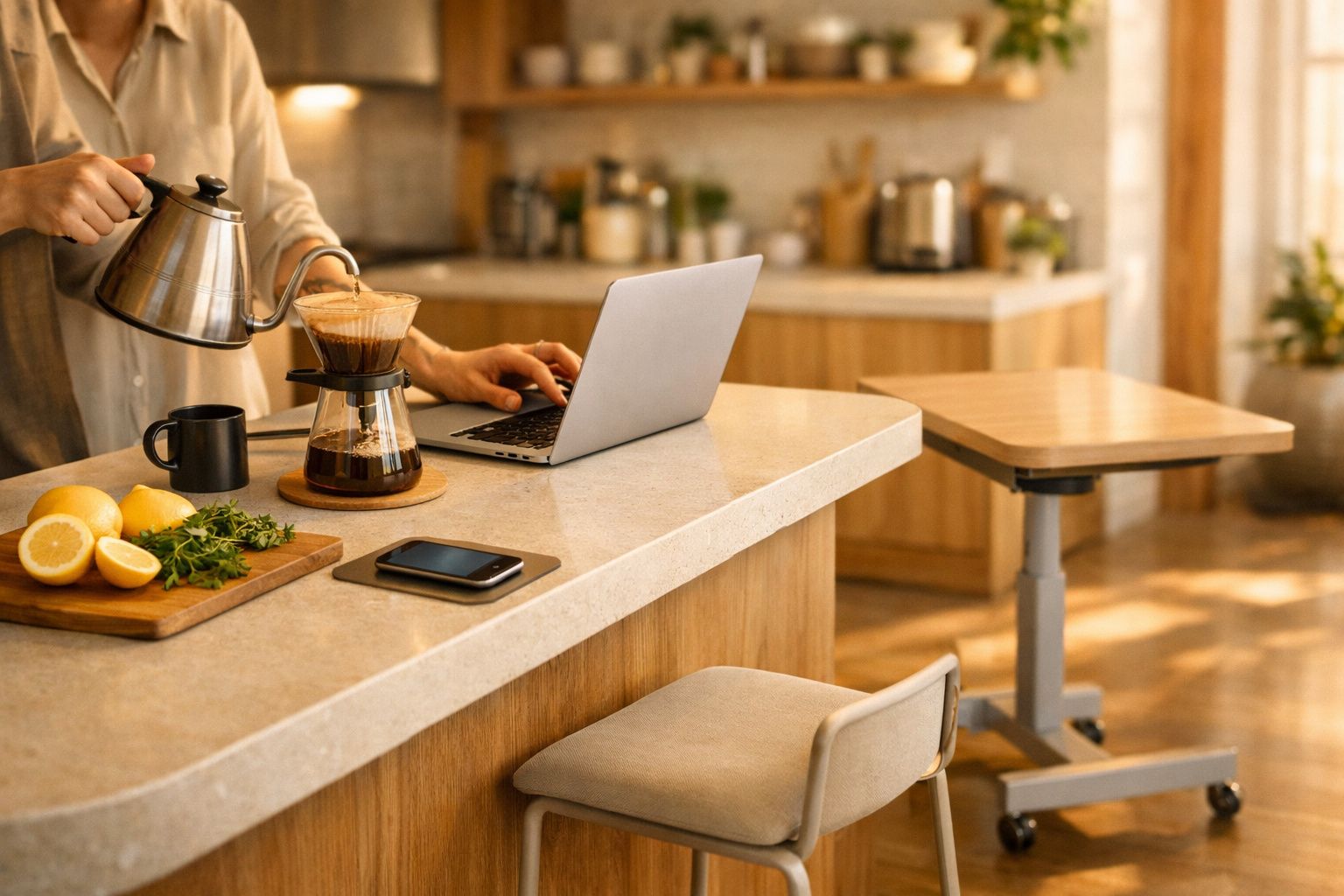 Pessoa a fazer café e outra a usar um portátil numa cozinha moderna. Telefone a carregar sobre a bancada.