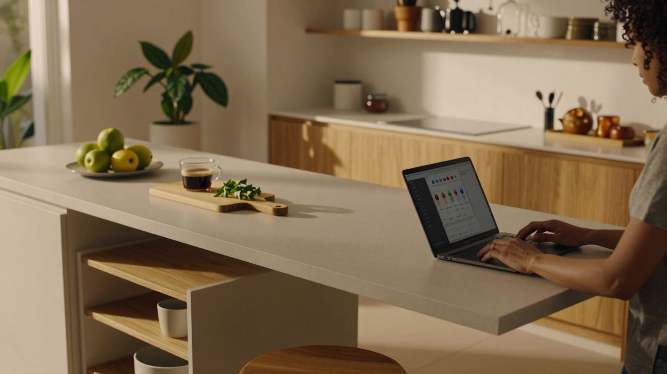 Pessoa usando portátil numa cozinha moderna, com bancada e plantas, maçãs e chávena à vista.