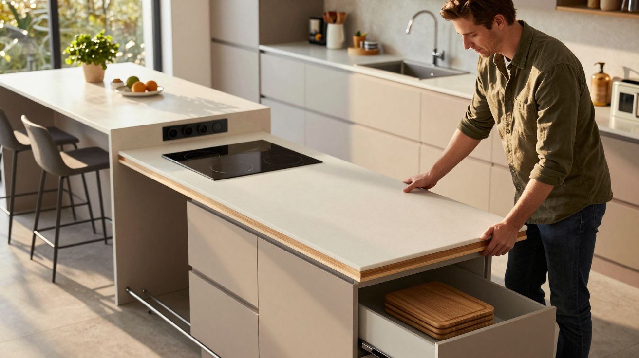 Homem ajusta bancada de cozinha moderna, com ilha e cadeiras ao fundo, bem iluminada por luz natural.